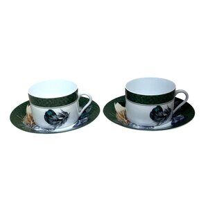 2 Patrick Frey Paris Limoges Plumes Ferrieres Feathers Cup and Saucer Sets